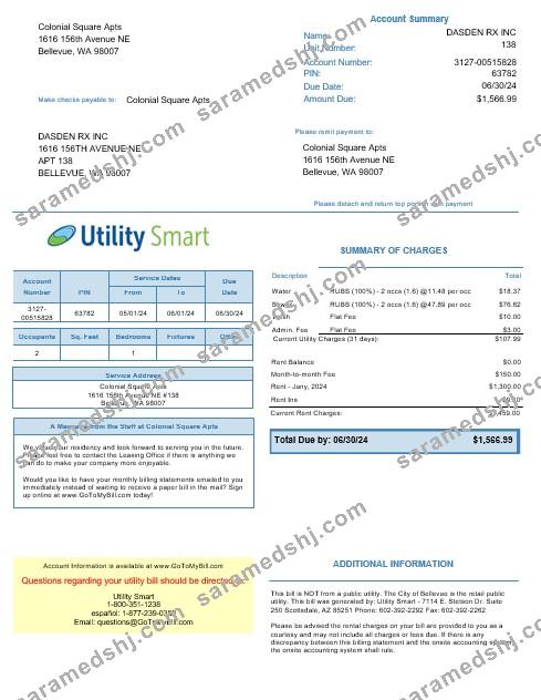 USA Arizona Utility Smart business utility bill template in Word and PDF formats